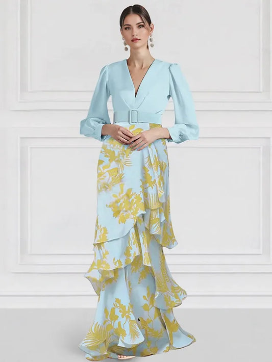 Dress A-Line Elegant Dress Formal Wedding Floor Length Long Sleeve V Neck With Floral Print Wedding Guest Dress Evening Dress