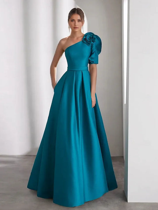 Dress A-Line Elegant Dress Formal Wedding Floor Length Short Sleeve One Shoulder Champagne Mother Of the Bride Dress Satin With Shouder Flower Evening Dress