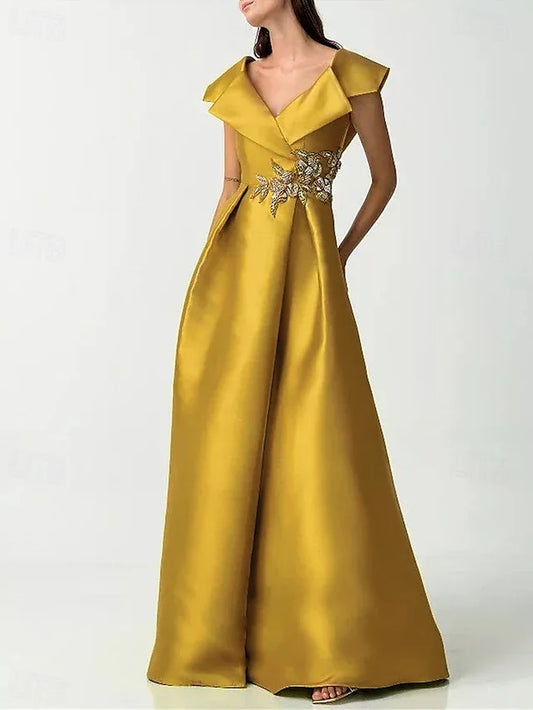 Dress A-Line Elegant Dress Wedding Guest Floor Length Short Sleeve V Neck Satin Evening Dress