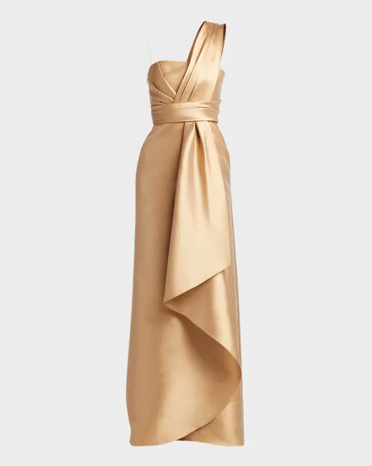 Dress A-Line Elegant Formal Dress Floor Length Sleeveless One Shoulder Satin With Ruffles Evening Dress