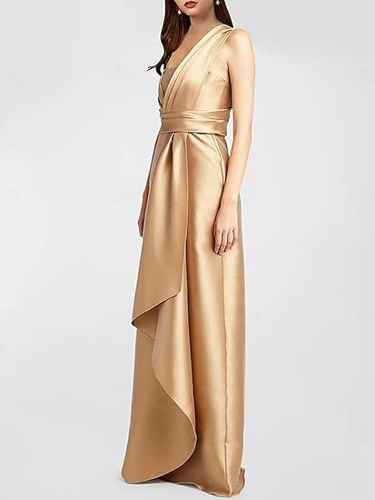 Dress A-Line Elegant Formal Dress Floor Length Sleeveless One Shoulder Satin With Ruffles Evening Dress