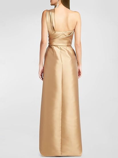 Dress A-Line Elegant Formal Dress Floor Length Sleeveless One Shoulder Satin With Ruffles Evening Dress