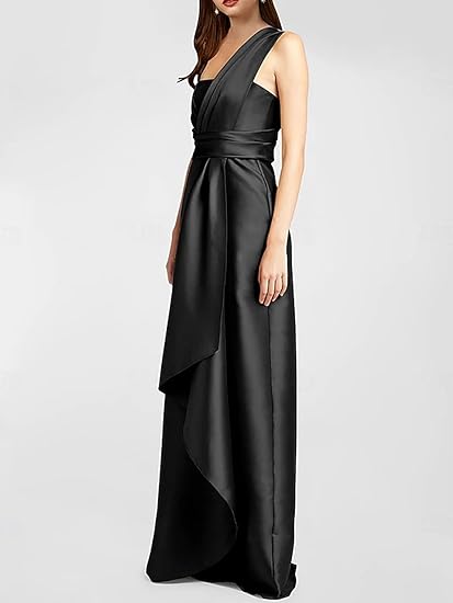 Dress A-Line Elegant Formal Dress Floor Length Sleeveless One Shoulder Satin With Ruffles Evening Dress