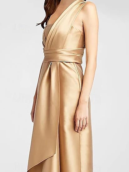 Dress A-Line Elegant Formal Dress Floor Length Sleeveless One Shoulder Satin With Ruffles Evening Dress