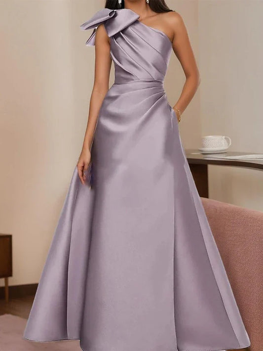 Dress A-Line Elegant Formal Evening Party Floor Length Sleeveless One Shoulder Satin With Bow(s) Pleats Evening Dress