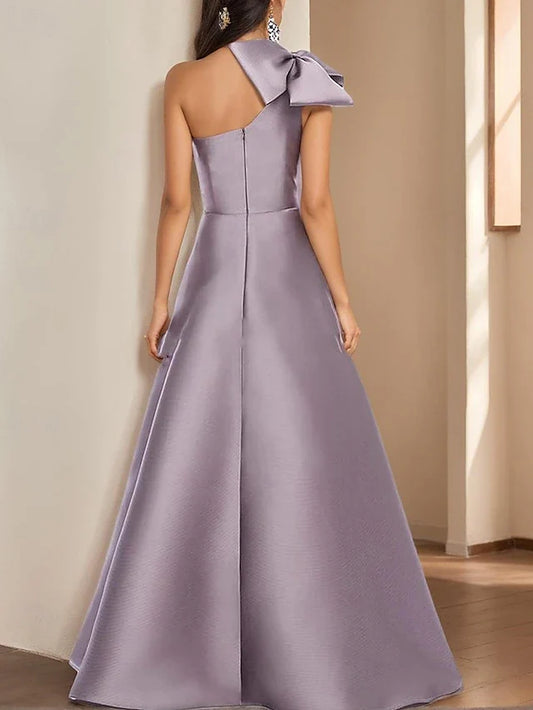 Dress A-Line Elegant Formal Evening Party Floor Length Sleeveless One Shoulder Satin With Bow(s) Pleats Evening Dress