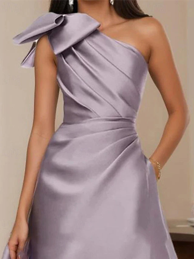 Dress A-Line Elegant Formal Evening Party Floor Length Sleeveless One Shoulder Satin With Bow(s) Pleats Evening Dress