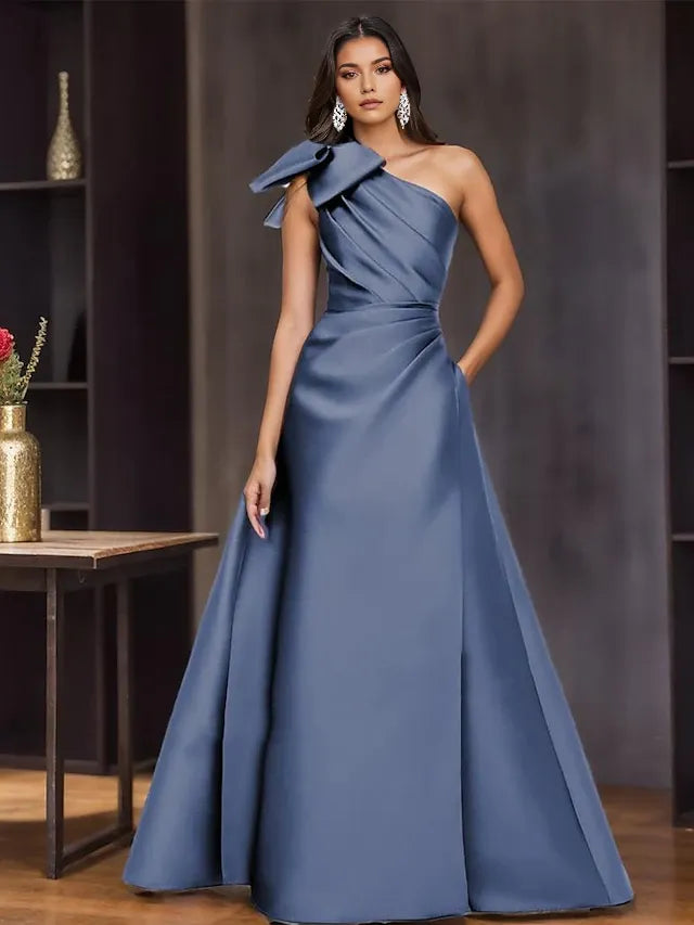 Dress A-Line Elegant Formal Evening Party Floor Length Sleeveless One Shoulder Satin With Bow(s) Pleats Evening Dress