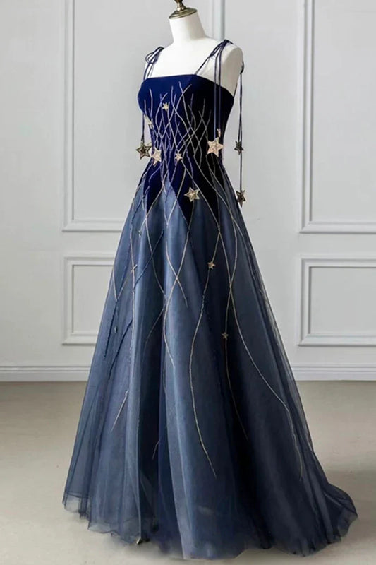 Dress A-Line Elegant Navy Blue Spaghetti Strap Long Prom Dress With Star