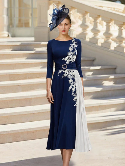 Dress A-Line Elegant Simple Jewel Neck Tea Length Chiffon 3/4 Length Sleeve with Beading Appliques Flower Mother of the Bride Dress