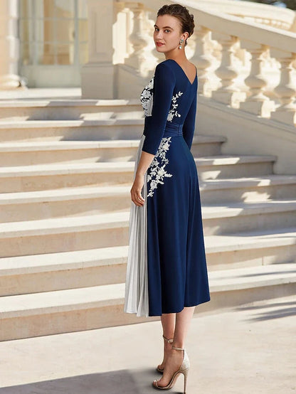 Dress A-Line Elegant Simple Jewel Neck Tea Length Chiffon 3/4 Length Sleeve with Beading Appliques Flower Mother of the Bride Dress