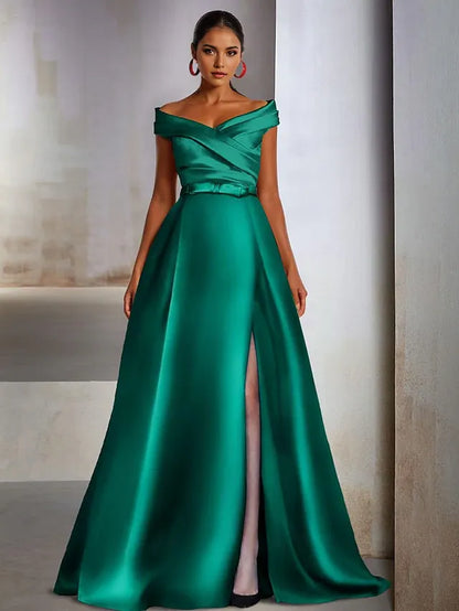 Dress A-Line Elegant Wedding Guest Black Tie Floor Length Sleeveless Off Shoulder Satin With Slit Evening Dress
