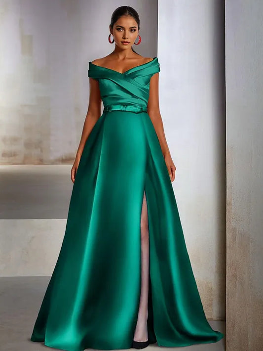 Dress A-Line Elegant Wedding Guest Black Tie Floor Length Sleeveless Off Shoulder Satin With Slit Evening Dress
