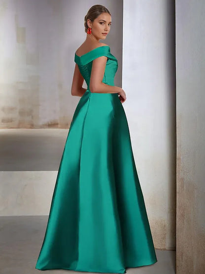 Dress A-Line Elegant Wedding Guest Black Tie Floor Length Sleeveless Off Shoulder Satin With Slit Evening Dress