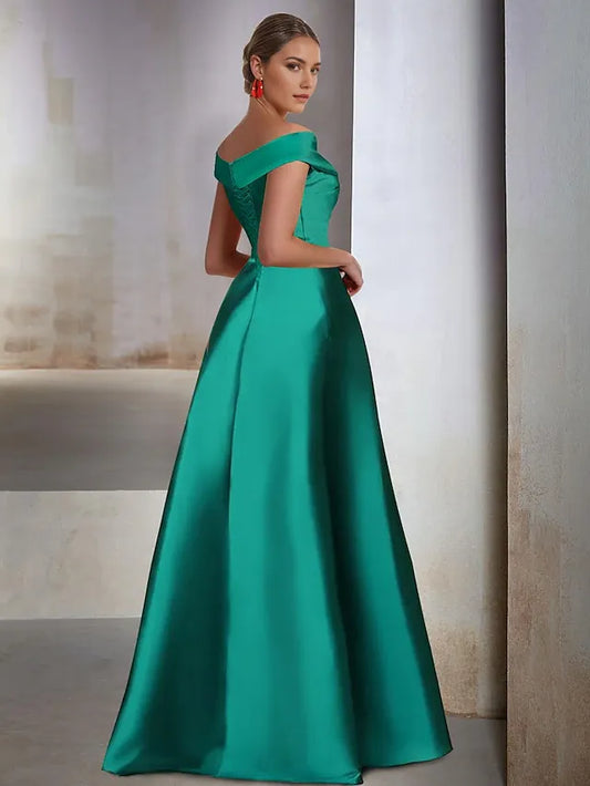 Dress A-Line Elegant Wedding Guest Black Tie Floor Length Sleeveless Off Shoulder Satin With Slit Evening Dress