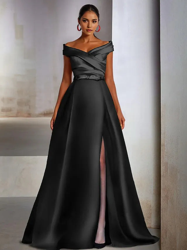 Dress A-Line Elegant Wedding Guest Black Tie Floor Length Sleeveless Off Shoulder Satin With Slit Evening Dress