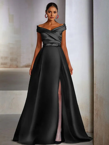 Dress A-Line Elegant Wedding Guest Black Tie Floor Length Sleeveless Off Shoulder Satin With Slit Evening Dress
