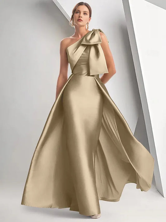 Dress A-Line Evening Dress Elegant Formal Floor Length Sleeveless One Shoulder Fall Wedding Guest Satin With Bow(s)