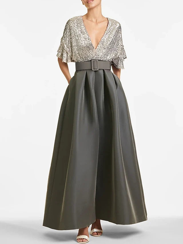 Dress A-Line Evening Dress Elegant Formal Wedding Guest Ankle Length Half Sleeve V Neck Fall Wedding Guest Sequined With Sequin