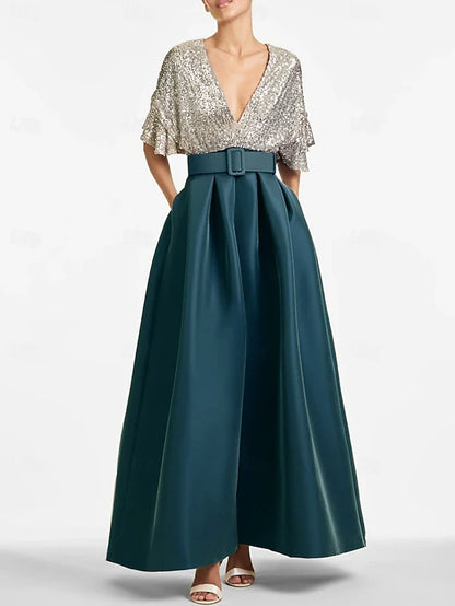 Dress A-Line Evening Dress Elegant Formal Wedding Guest Ankle Length Half Sleeve V Neck Fall Wedding Guest Sequined With Sequin