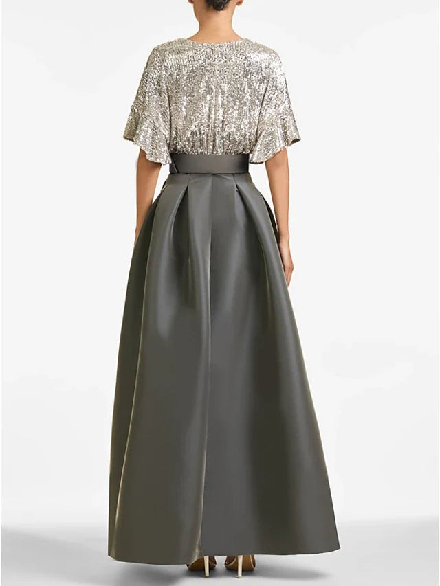 Dress A-Line Evening Dress Elegant Formal Wedding Guest Ankle Length Half Sleeve V Neck Fall Wedding Guest Sequined With Sequin