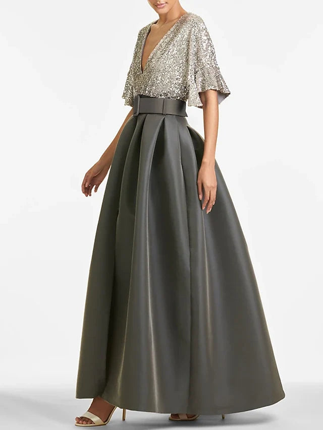 Dress A-Line Evening Dress Elegant Formal Wedding Guest Ankle Length Half Sleeve V Neck Fall Wedding Guest Sequined With Sequin
