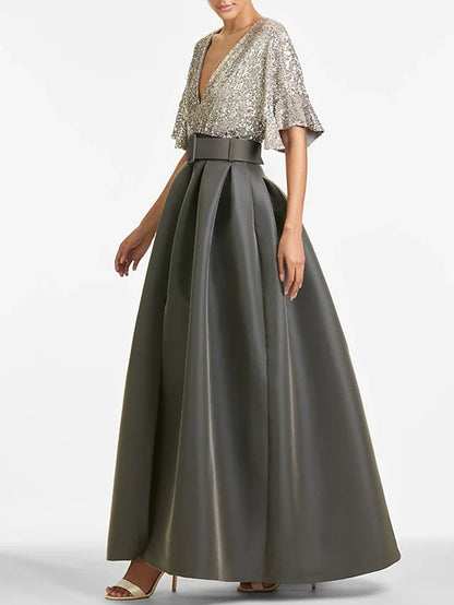 Dress A-Line Evening Dress Elegant Formal Wedding Guest Ankle Length Half Sleeve V Neck Fall Wedding Guest Sequined With Sequin