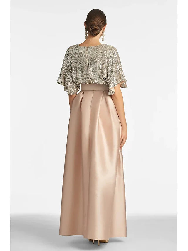 Dress A-Line Evening Dress Elegant Formal Wedding Guest Ankle Length Half Sleeve V Neck Fall Wedding Guest Sequined With Sequin