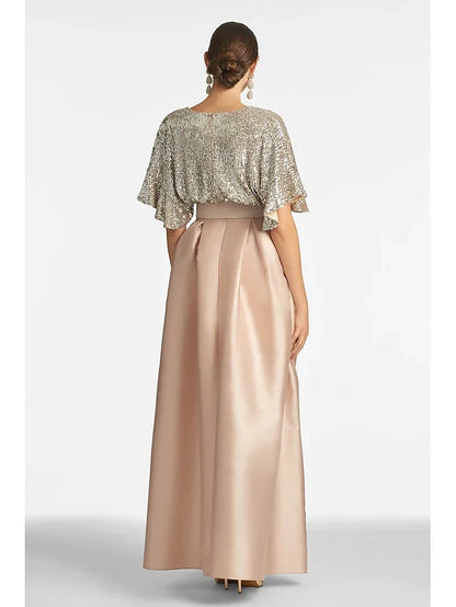 Dress A-Line Evening Dress Elegant Formal Wedding Guest Ankle Length Half Sleeve V Neck Fall Wedding Guest Sequined With Sequin