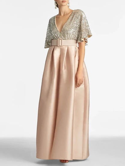 Dress A-Line Evening Dress Elegant Formal Wedding Guest Ankle Length Half Sleeve V Neck Fall Wedding Guest Sequined With Sequin