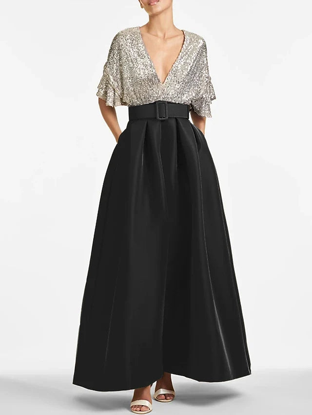 Dress A-Line Evening Dress Elegant Formal Wedding Guest Ankle Length Half Sleeve V Neck Fall Wedding Guest Sequined With Sequin