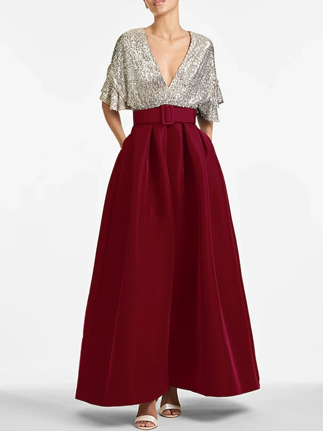 Dress A-Line Evening Dress Elegant Formal Wedding Guest Ankle Length Half Sleeve V Neck Fall Wedding Guest Sequined With Sequin