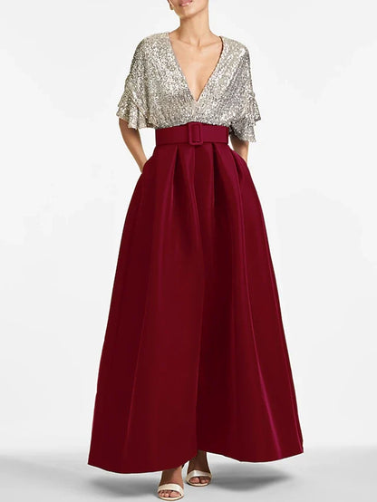 Dress A-Line Evening Dress Elegant Formal Wedding Guest Ankle Length Half Sleeve V Neck Fall Wedding Guest Sequined With Sequin