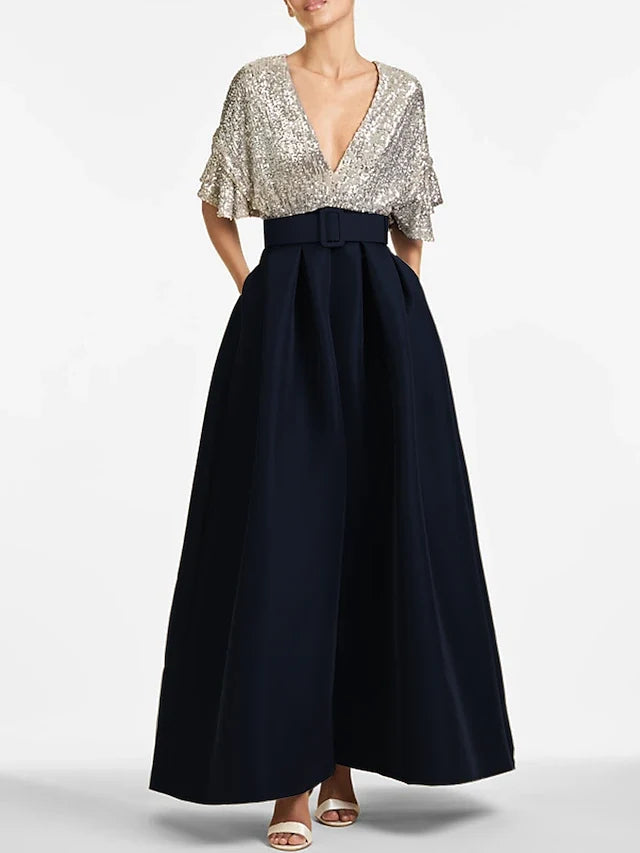 Dress A-Line Evening Dress Elegant Formal Wedding Guest Ankle Length Half Sleeve V Neck Fall Wedding Guest Sequined With Sequin