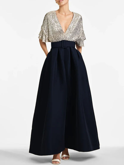 Dress A-Line Evening Dress Elegant Formal Wedding Guest Ankle Length Half Sleeve V Neck Fall Wedding Guest Sequined With Sequin