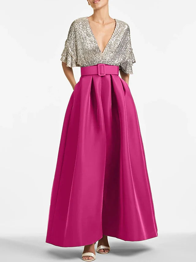 Dress A-Line Evening Dress Elegant Formal Wedding Guest Ankle Length Half Sleeve V Neck Fall Wedding Guest Sequined With Sequin