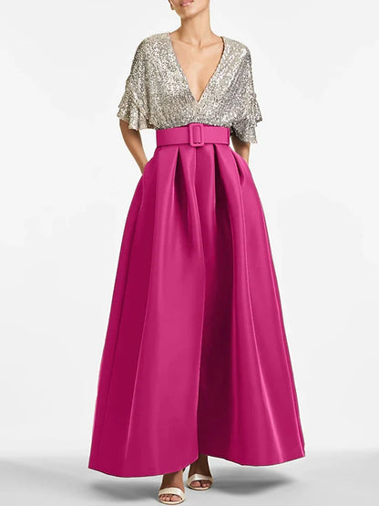 Dress A-Line Evening Dress Elegant Formal Wedding Guest Ankle Length Half Sleeve V Neck Fall Wedding Guest Sequined With Sequin