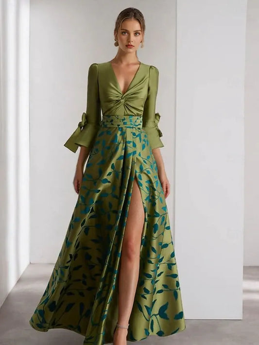 Dress A-Line Evening Dress Formal Wedding Floor Length 3/4 Length Sleeve V Neck Champagne Mother Of the Bride Dress Satin With Floral Print Bow(s) Slit