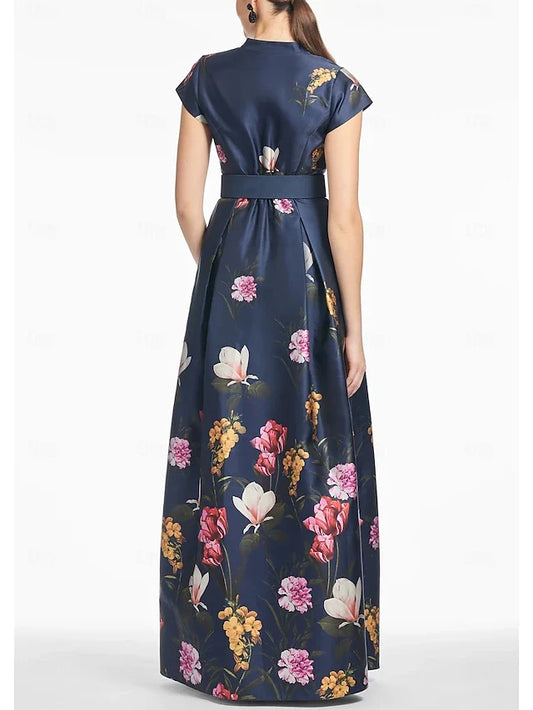 Dress A-Line Evening Dress High Split Dress Formal Wedding Guest Floor Length Short Sleeve V Neck Satin With Floral Print Dress Wedding Guest Dress