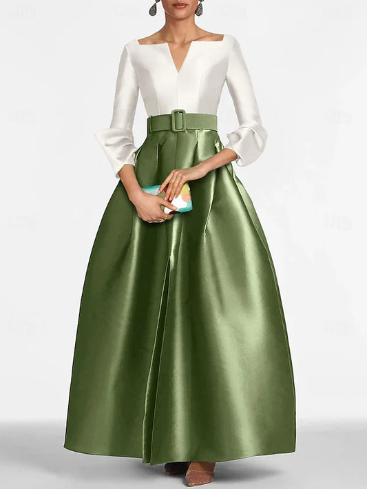 Dress A-Line Evening Gown Elegant Dress Black Tie Floor Length 3/4 Length Sleeve V Neck Satin With Slit Evening Dress