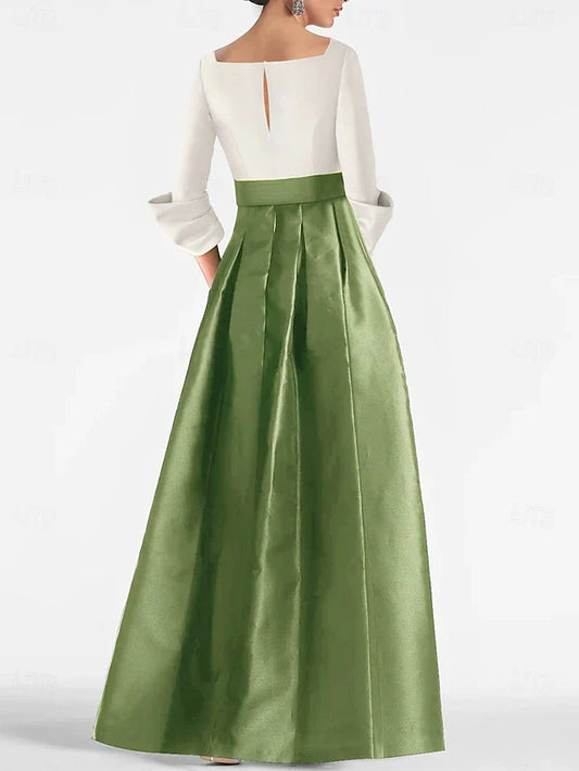 Dress A-Line Evening Gown Elegant Dress Black Tie Floor Length 3/4 Length Sleeve V Neck Satin With Slit Evening Dress