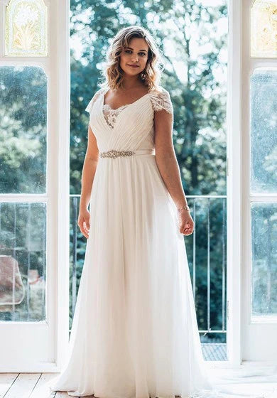 Dress A-Line Floor-Length V-Neck Short Sleeve Chiffon Sweep Train Illusion Lace Dress Wedding Dress