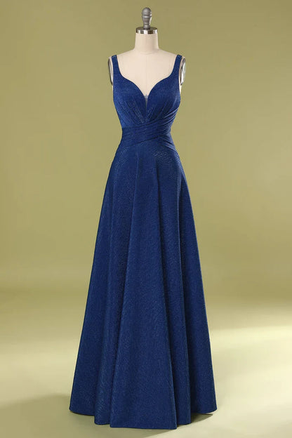 Dress A-Line Floor-Length V Neck Glitter Royal Blue Sleeveless Pleated Long Prom Dress