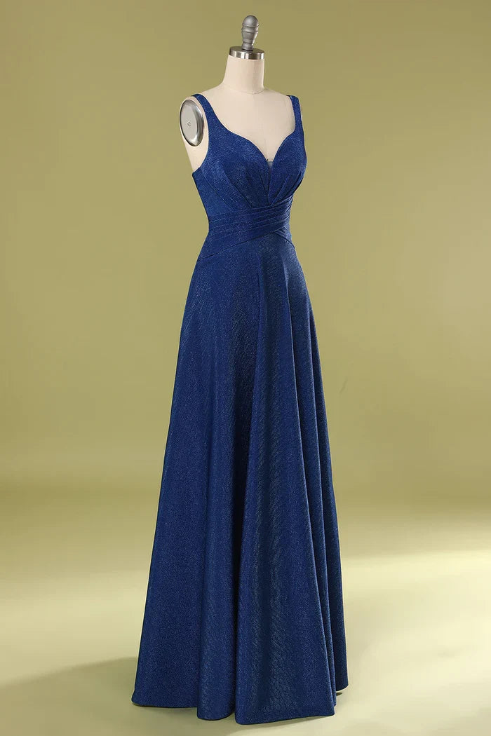 Dress A-Line Floor-Length V Neck Glitter Royal Blue Sleeveless Pleated Long Prom Dress