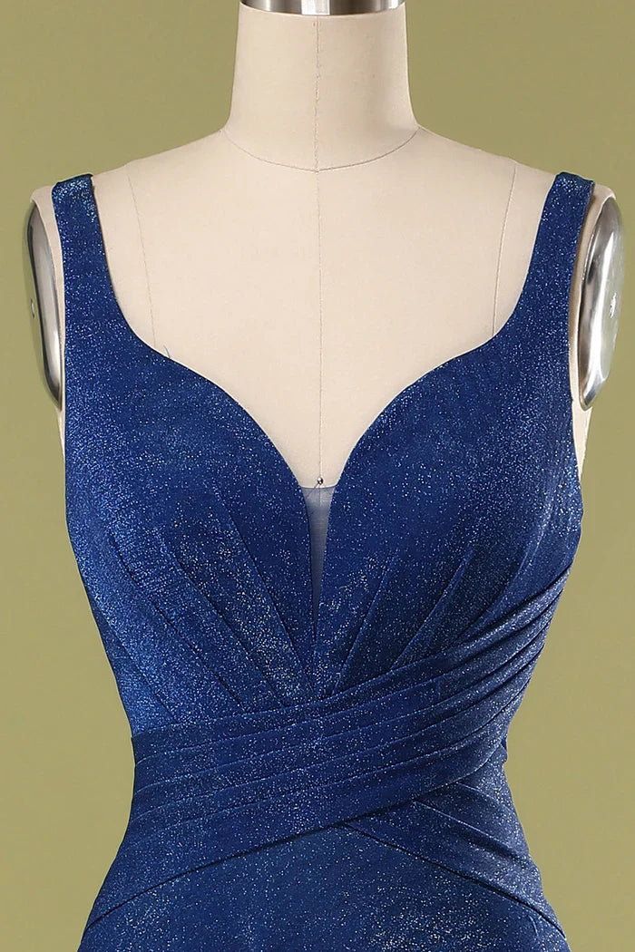 Dress A-Line Floor-Length V Neck Glitter Royal Blue Sleeveless Pleated Long Prom Dress