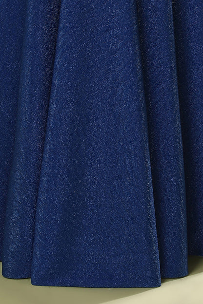 Dress A-Line Floor-Length V Neck Glitter Royal Blue Sleeveless Pleated Long Prom Dress