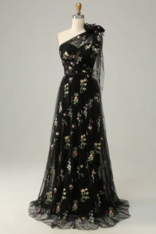 Dress A-Line Grey Blue Long Evening Dress With Embroidery Party Dress Prom Dress