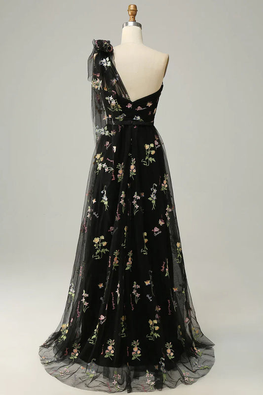 Dress A-Line Grey Blue Long Evening Dress With Embroidery Party Dress Prom Dress