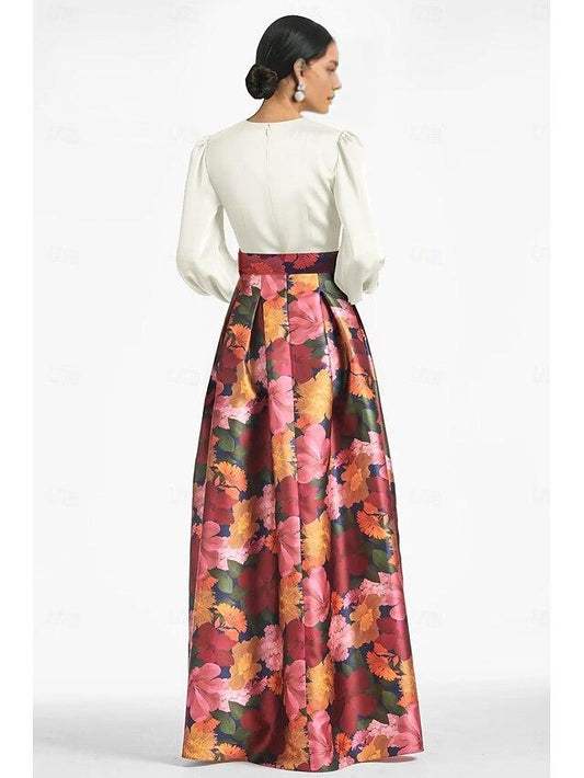 Dress A-Line High Split Formal Wedding Guest Floor Length Long Sleeve V Neck Belt / Sash Satin With Floral Print Slit Wedding Guest Dress Evening Dress