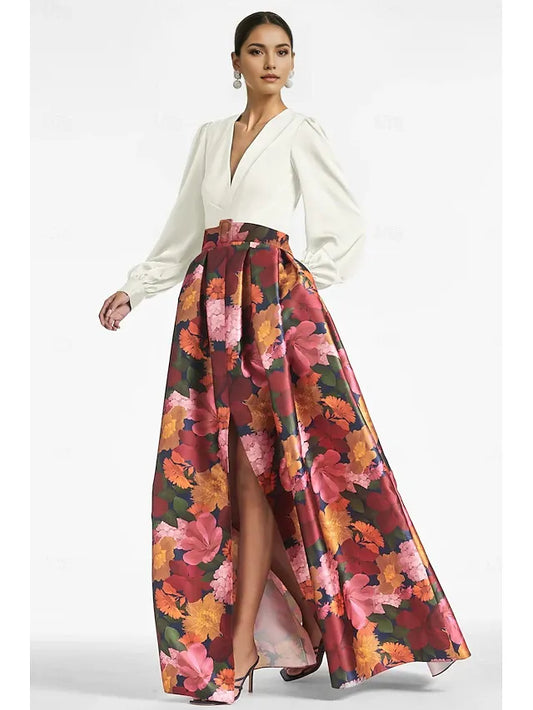 Dress A-Line High Split Formal Wedding Guest Floor Length Long Sleeve V Neck Belt / Sash Satin With Floral Print Slit Wedding Guest Dress Evening Dress